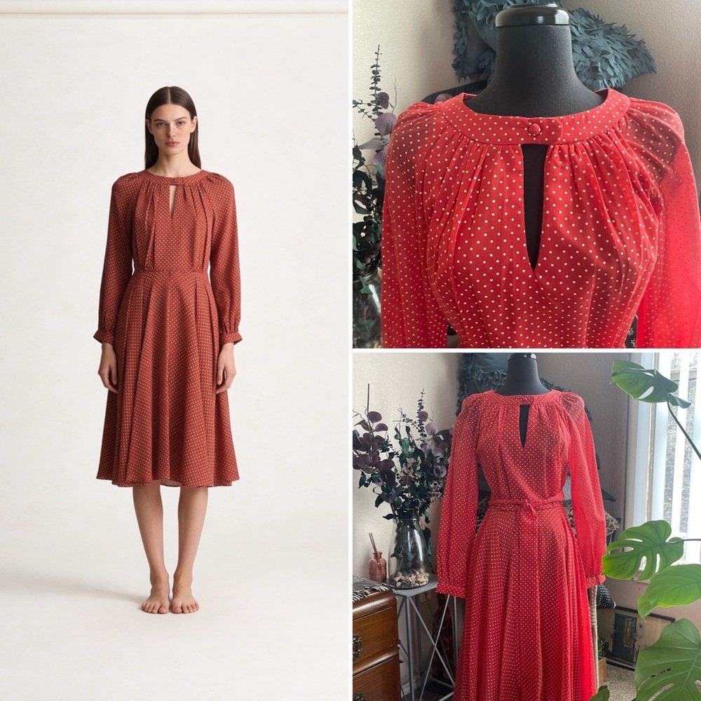 Red Polka Dot Long-Sleeve Midi Dress